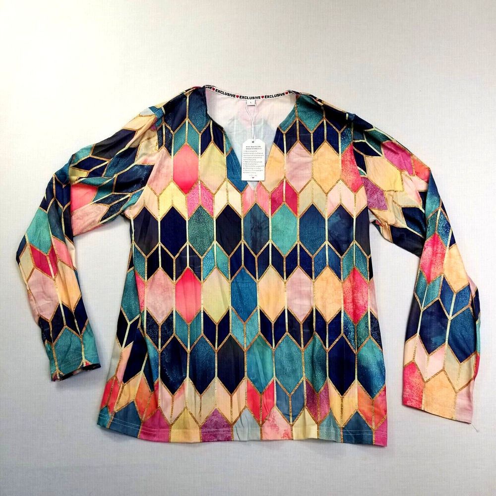 NEW with Tags Exclusive Women's Pullover Top  Multicolor geometric Sz Large